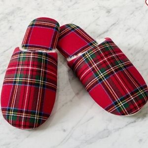 Pottery Barn Red Stewart Tartan Plaid Yarn Dye Flannel Slippers Christmas